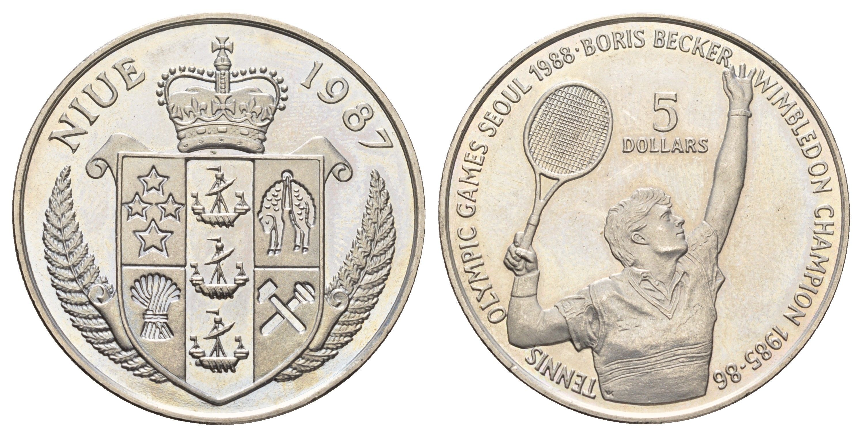 Ниуэ 5 долларов 1987 XXIV летние Олимпийские Игры, Сеул 1988 - Теннис, Борис Беккер, с сертификатом KM 1 медно-никель BU 11-167-25