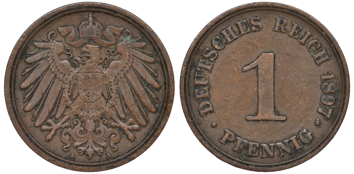 Германия 1 пфенниг 1897 A KM 10, J. 10, Weege 2 медь 45-415
