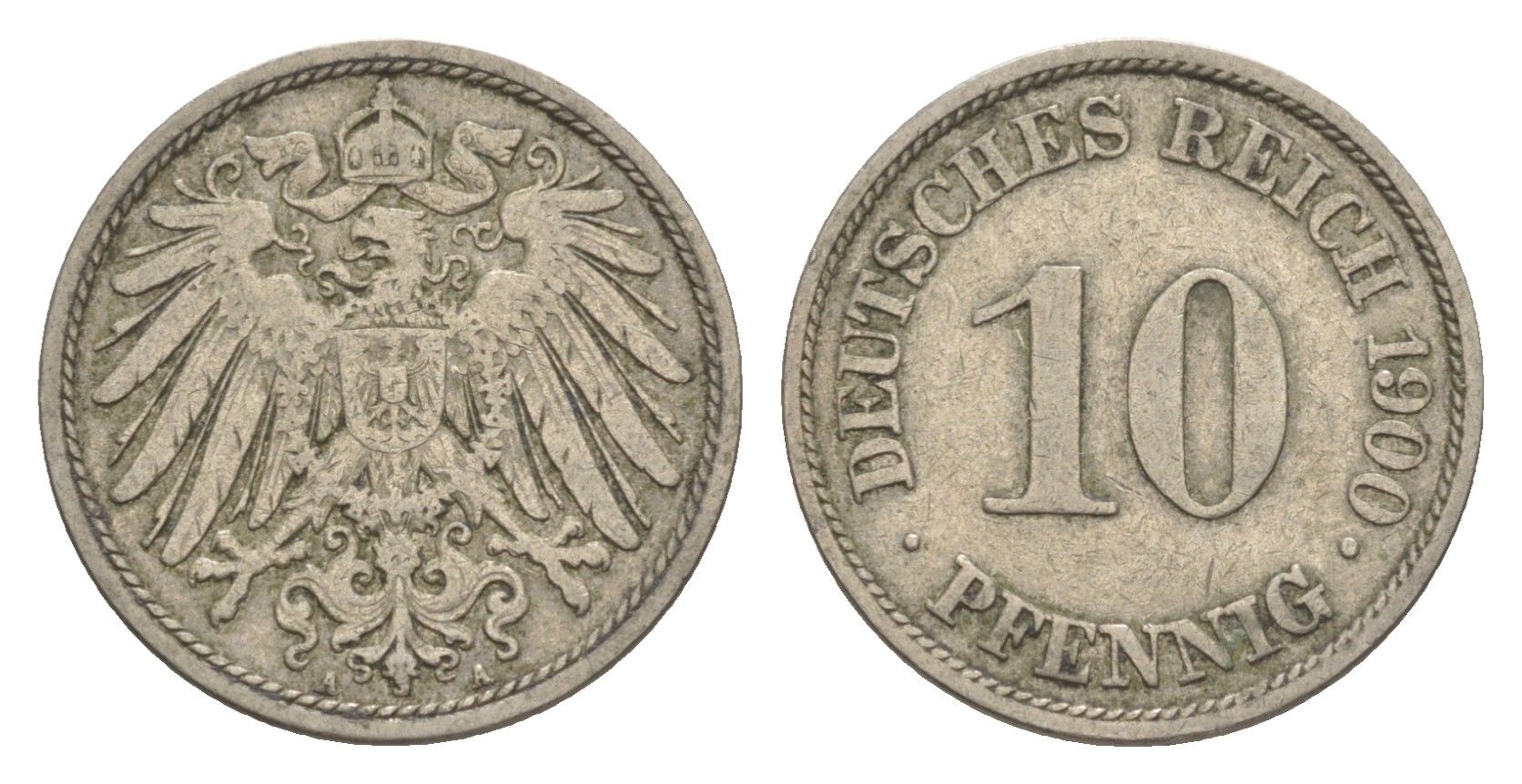 Германия 10 пфеннигов 1900 A, Вильгельм II (1888-1918) KM 12, J. 13 медно-никель 4644-1152