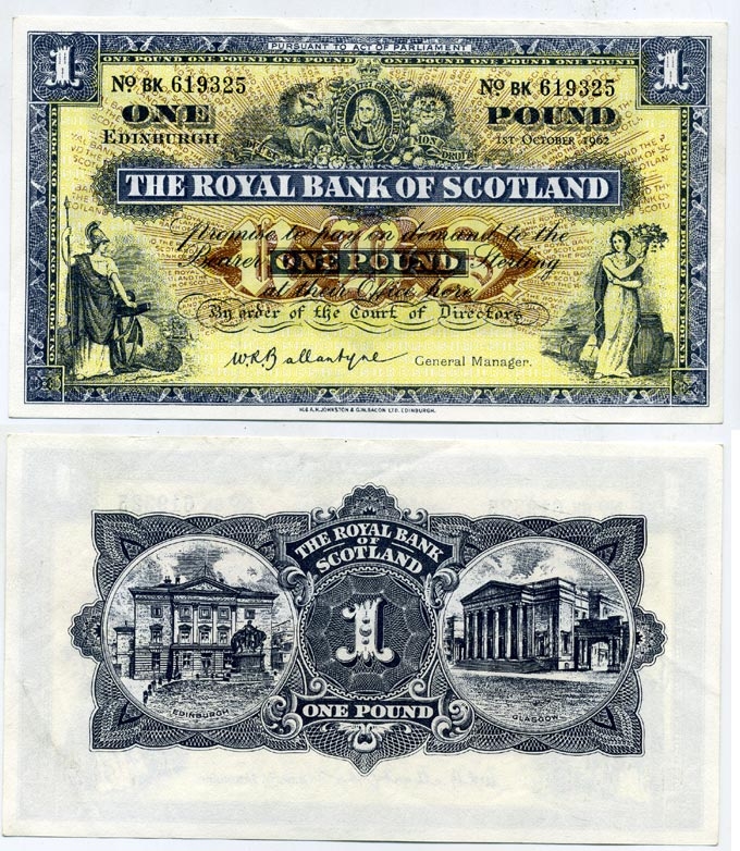 Шотландия 1 фунт 1962 1 октября 1962, Королевский банк Шотландии Pick 324b бумага 451-46-1