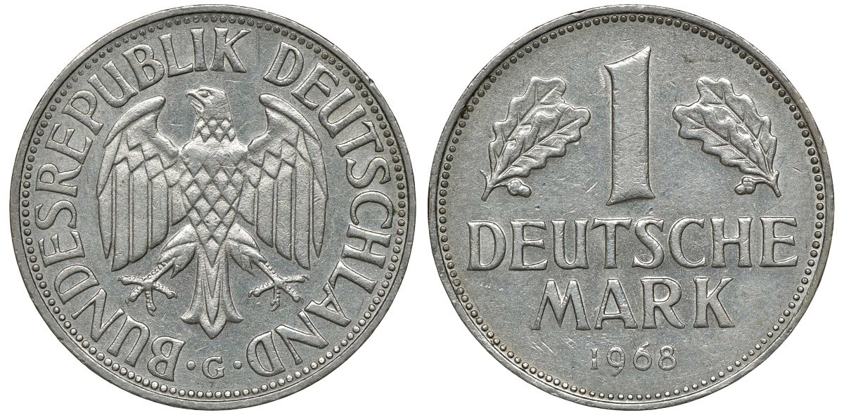 ФРГ 1 МАРКА 1968 G J 385, KM 110 медно-никель aUNC 72-755