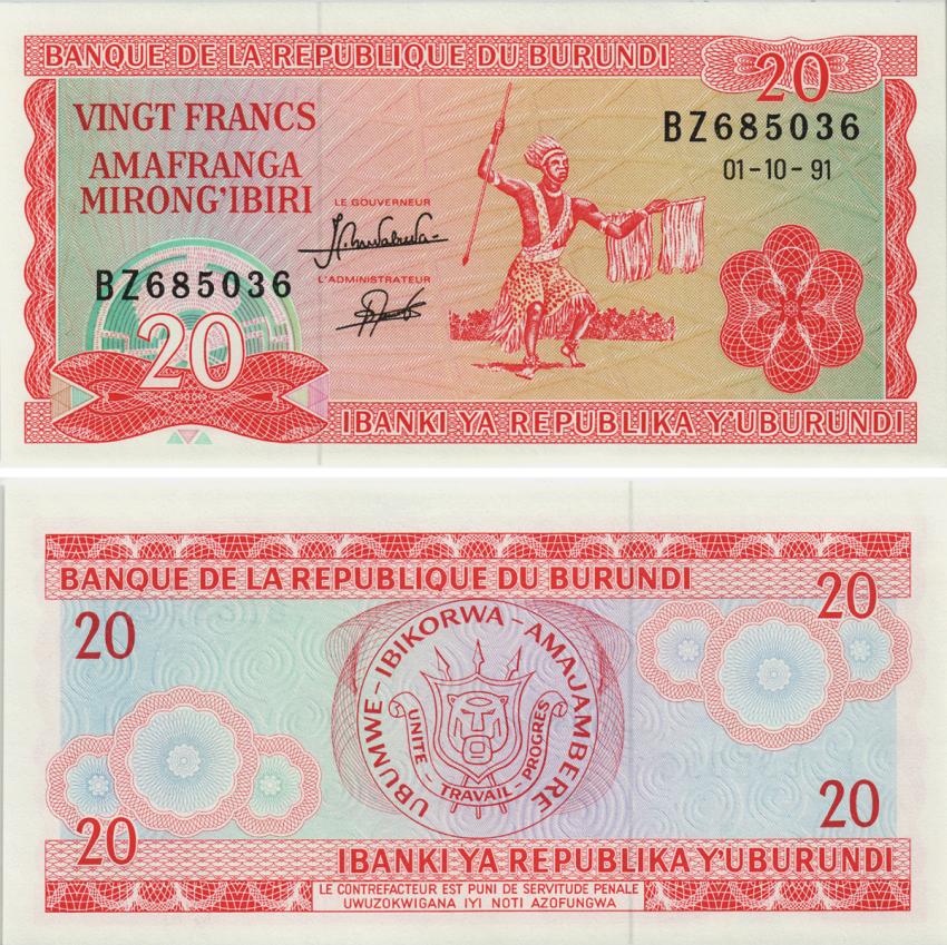 БУРУНДИ 20 ФРАНКОВ 1991 Pick 27с бумага UNC (ПРЕСС) 8605-32-2-1