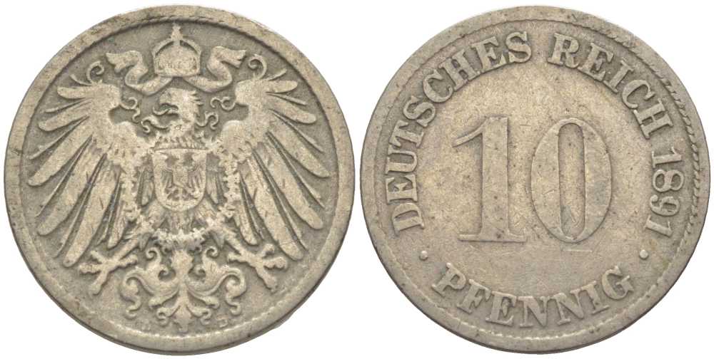 ГЕРМАНИЯ 10 ПФЕННИГОВ 1891 D KM 12, J. 13 медно-никель 4401-924