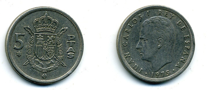 ИСПАНИЯ 5 ПЕСЕТ 1975 ХУАН КАРЛОС I KM 807 медно-никель 56-1121