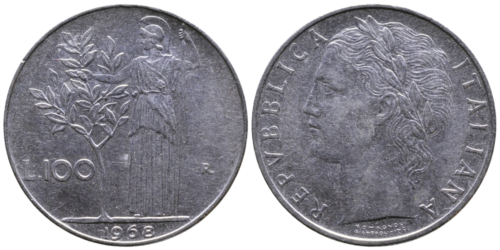 Италия 100 лир 1968  R, Афина в доспехах KM 96.1 нержавеющая сталь 259-656