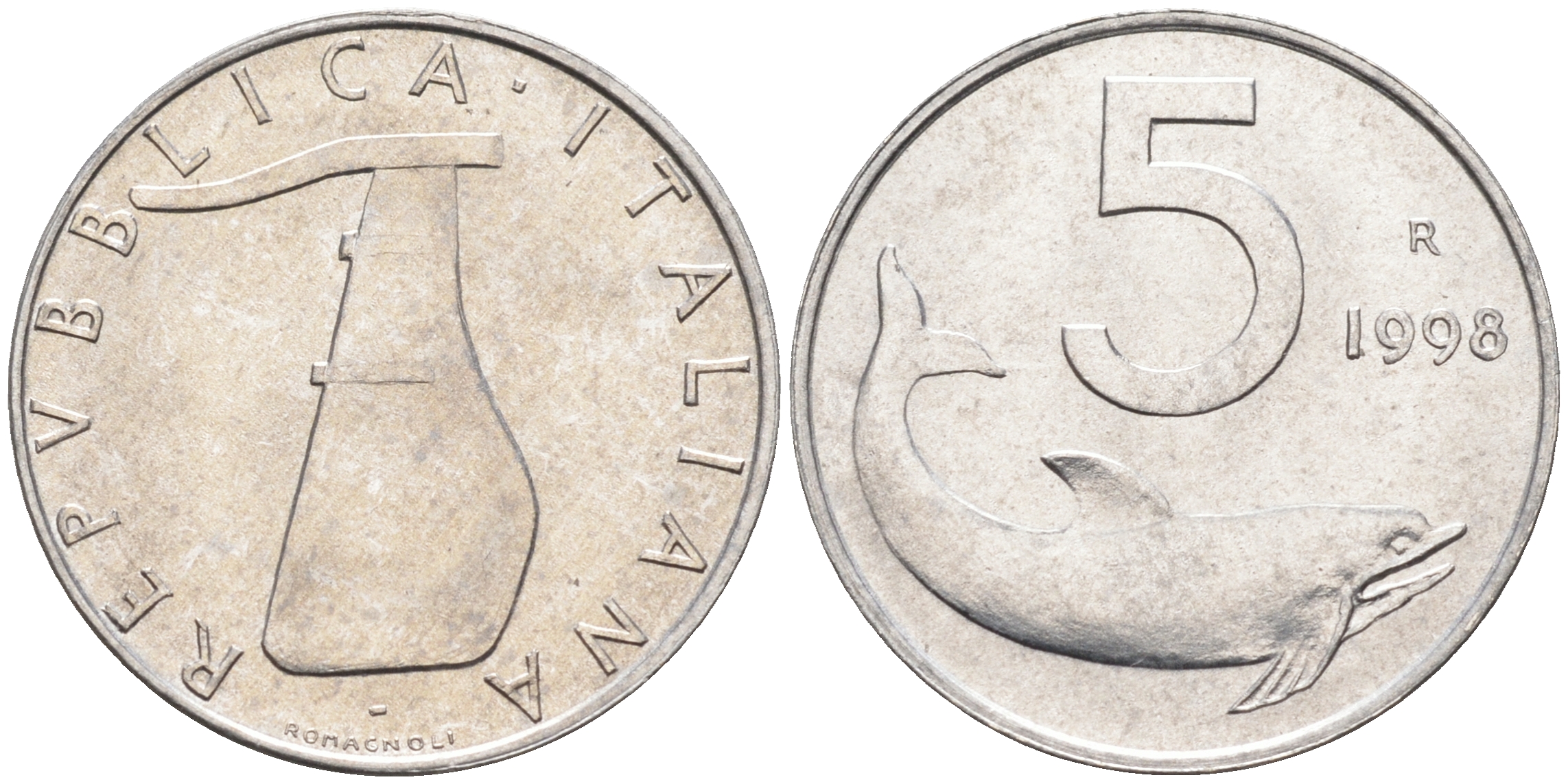 Италия 5 лир 1998 R, дельфин KM 92 алюминий  UNC  4594-957