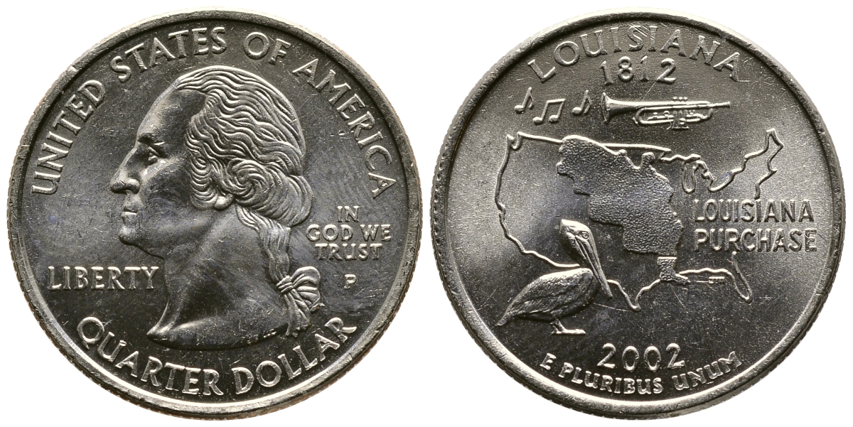 США 25 центов = квотер 2002 Р, серия штаты США, Луизиана KM 333 медь плакированная медно-никелем UNC 80-326