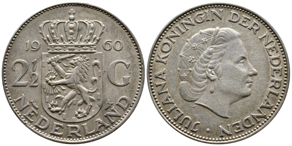 Нидерланды 2 1/2 гульдена 1960 Юлиана (1948-1980) KM 185 серебро 177-446
