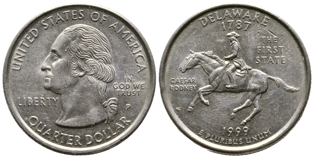 США 25 центов (квотер) 1999 Р, серия штаты США, Делавэр KM 293 медь плакированная медно-никелем 4610-554