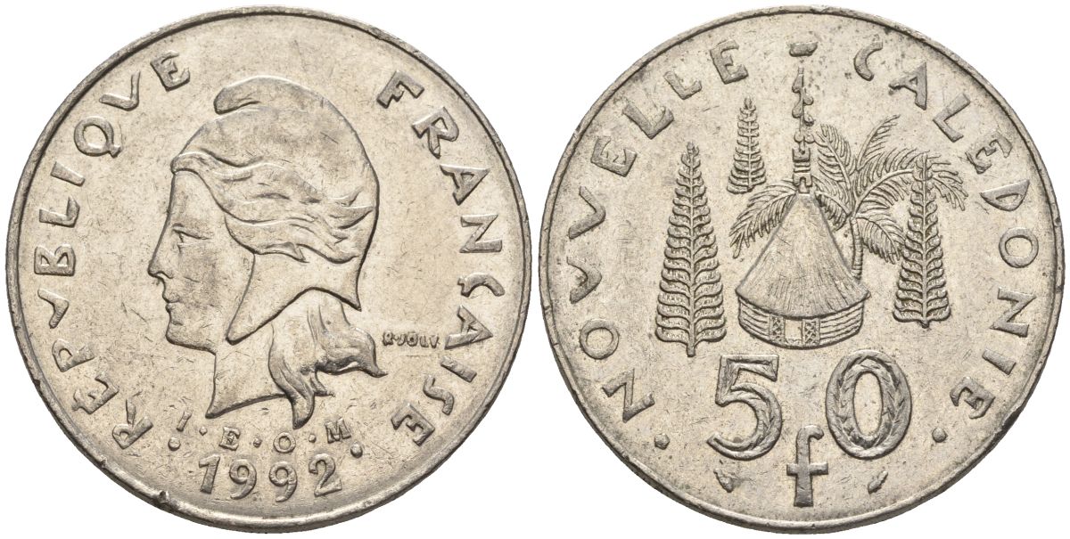 Французская Новая Каледония 50 франков 1992 хижина среди сосен и пальм, (IEOM) KM 13, Schoen 15, Lec 121 никель 4123-314