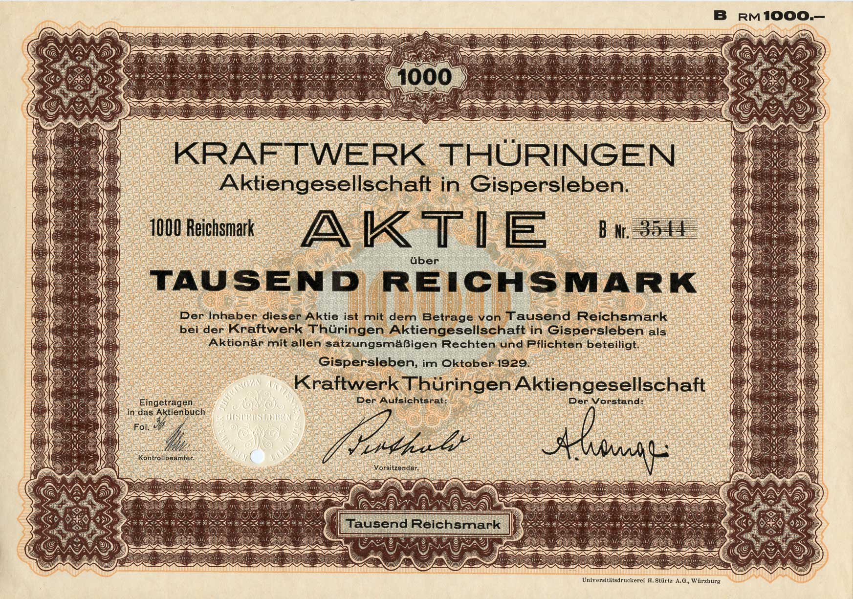 Германия 1000 рейхсмарок 1929 АО Электростанция Тюрингии, акция   бумага   8801-100-1