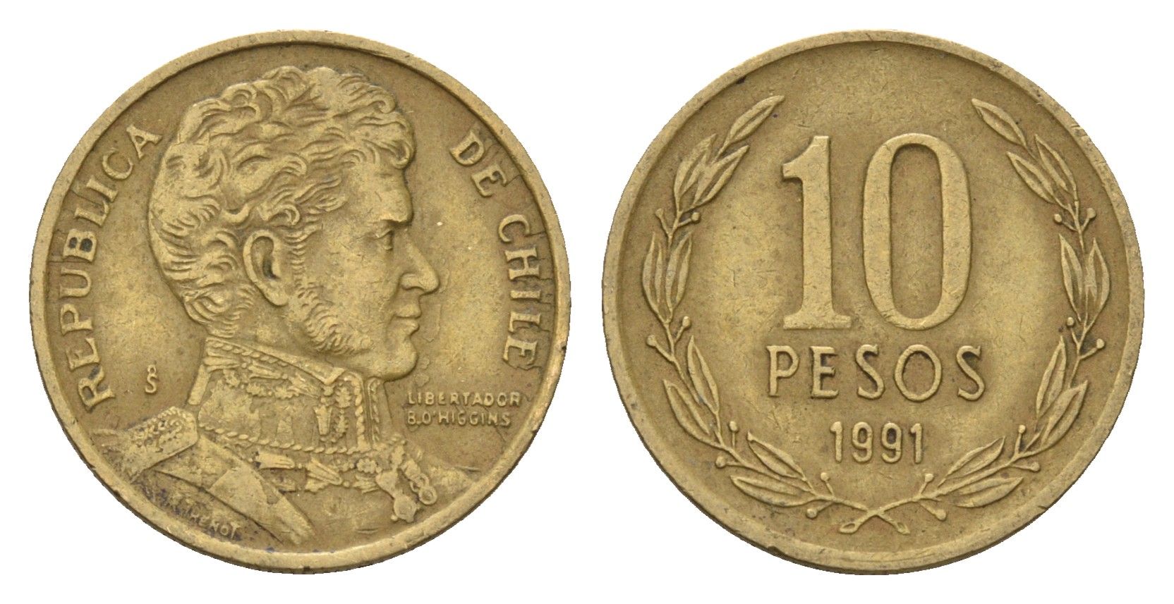 Чили 10 песо 1991 KM 228 никель латунь 4669-1128