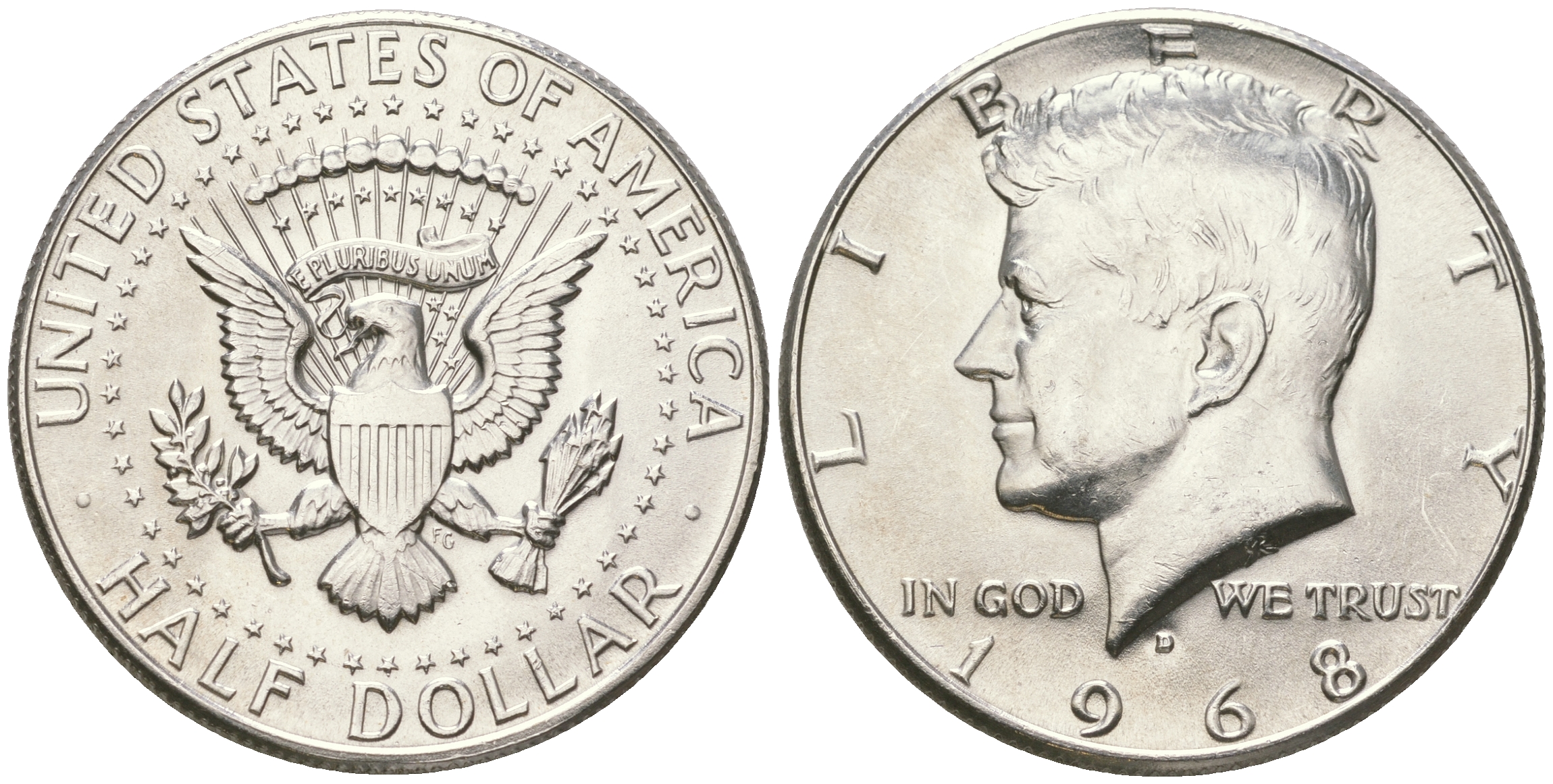 США 1/2 доллара (50 центов) 1968 D, Джон Кеннеди KM 202a серебро  UNC  4178-1031