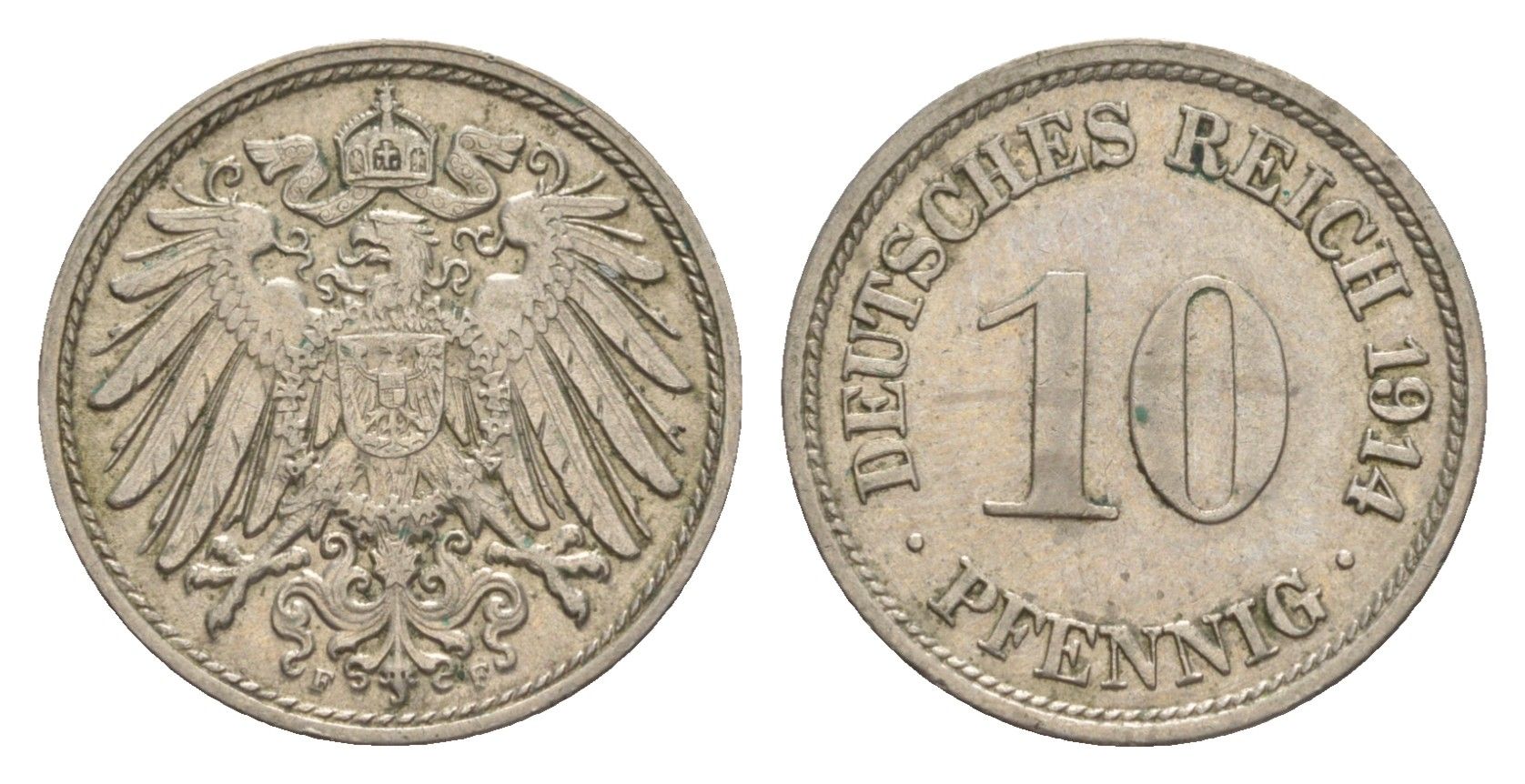 Германия 10 пфеннигов 1914 F, Вильгельм II (1888-1918) KM 12, J. 13 медно-никель 4640-332
