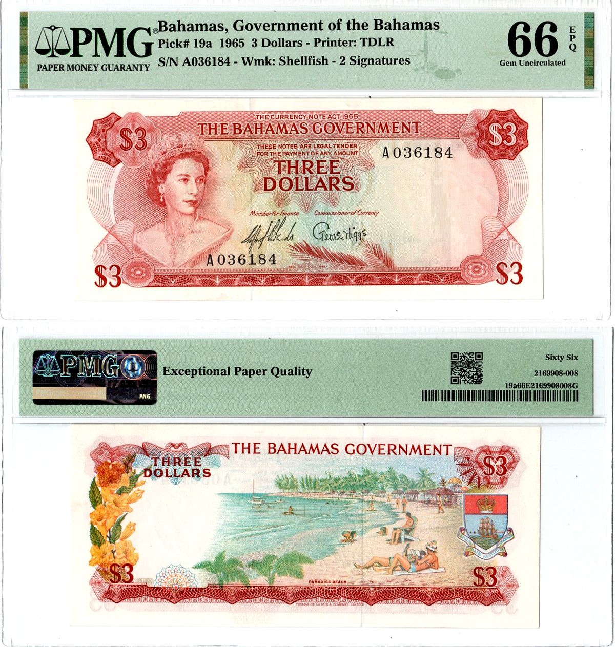 Багамский Острова (Багамы) 3 доллара 1965 в слабе PMG 66 (Gem Uncirculated), Парадайз Бич Pick 19 a бумага UNC (пресс) 452-2-125