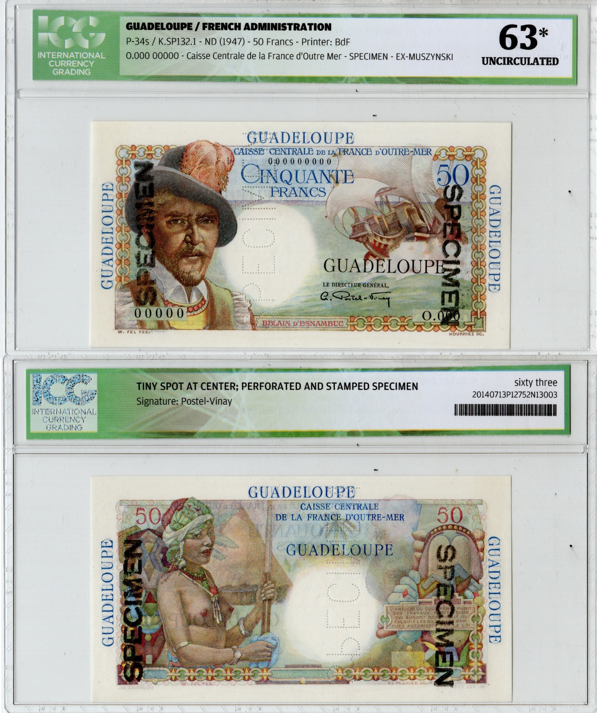 Гваделупа 50 франков ND (1947) SPECIMEN - образец в слабе ICG 63 (Uncirculated). Белен д'Эснамбук, парусник, женщина Pick 34 s  бумага  UNC (пресс) 452-3-33