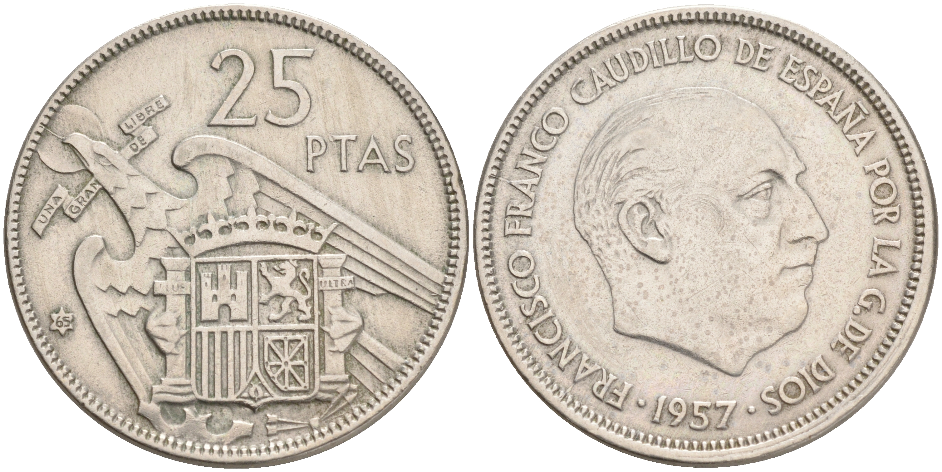 ИСПАНИЯ 25 ПЕСЕТ 1957 (65) ФРАНСИСКО ФРАНКО ДИКТАТОР ИСПАНИИ (1939-1975) KM 787 медно-никель 4561-822