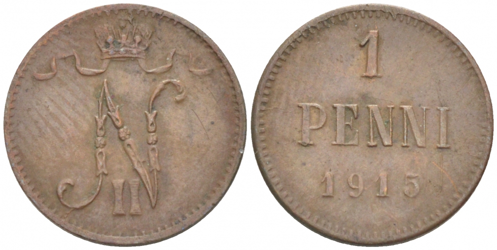 РОССИЯ ДЛЯ ФИНЛЯНДИИ 1 ПЕННИ 1915 НИКОЛАЙ II KM 13, Биткин 475 медь 4396-1437