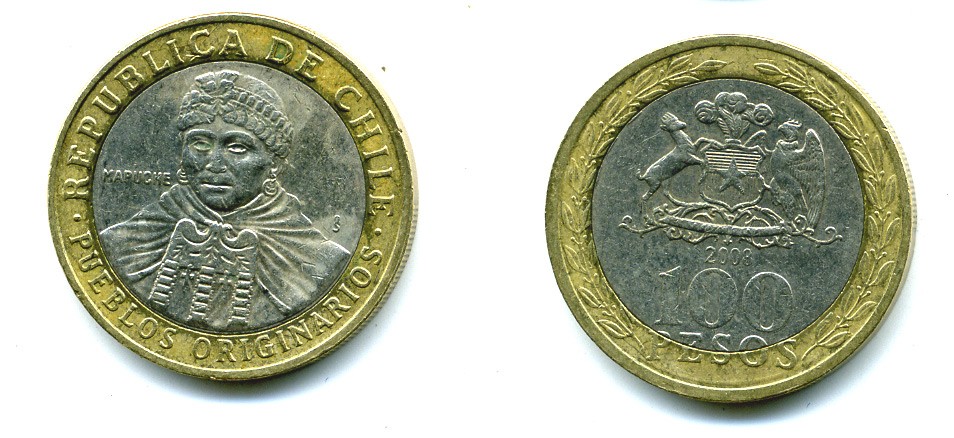 Чили 100 песо 2008 индейцы Мапуче KM 236 биметалл 29-445