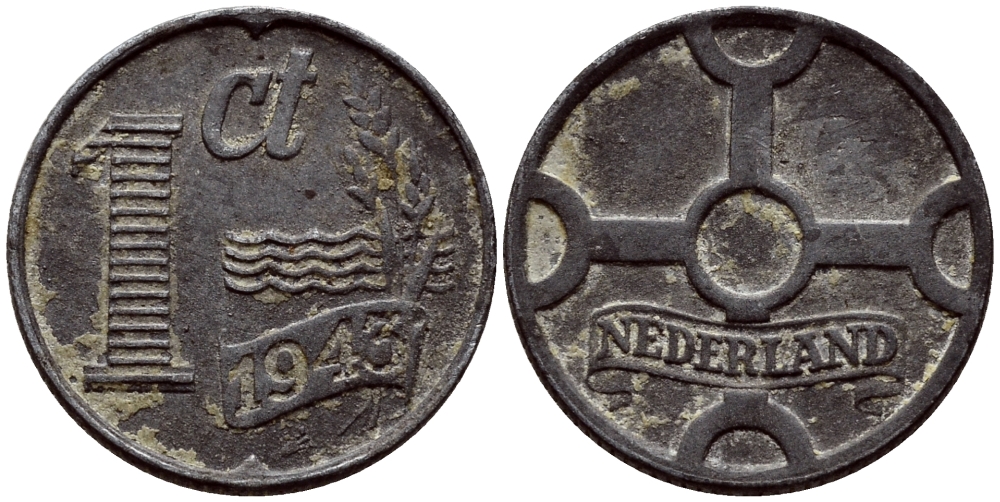 НИДЕРЛАНДЫ 1 ЦЕНТ 1943 ВИЛЬГЕЛЬМИНА (1890-1948) KM 170 цинк 46-527