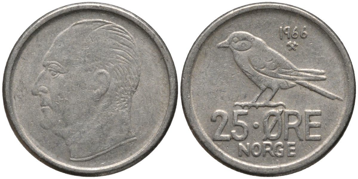 Норвегия 25 эре 1966 Улаф V (1958-1991), синица KM 407 медно-никель 218-452