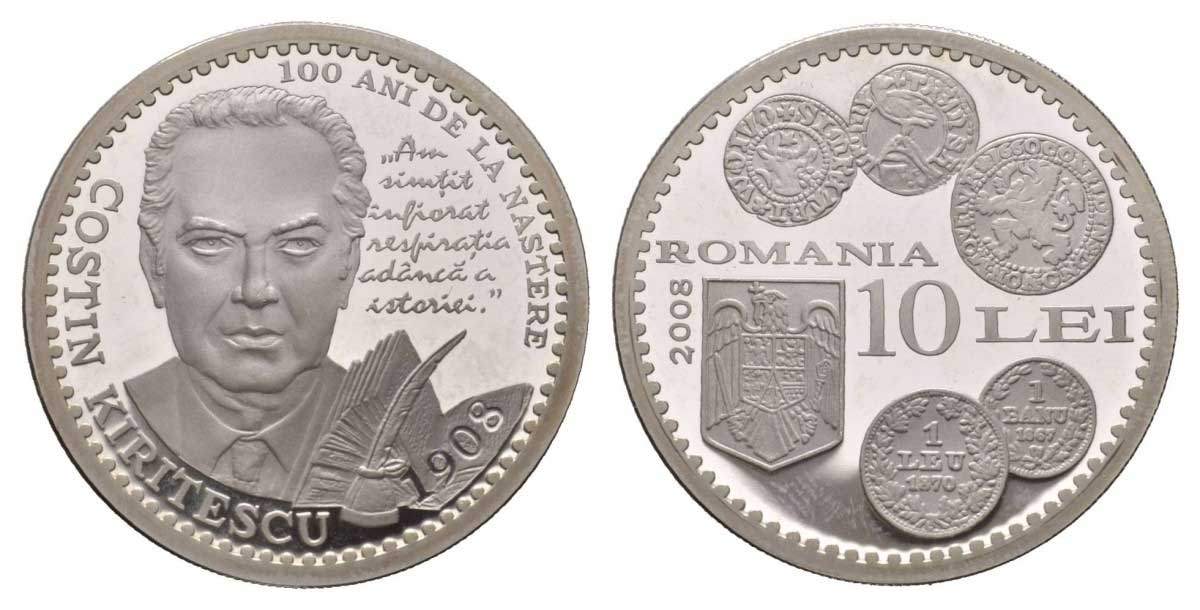 Румыния 10 леев 2008 100 лет со дня рождения Костину Киритеску, тираж 500 экземпляров KM 244 серебро PROOF 11-161-13