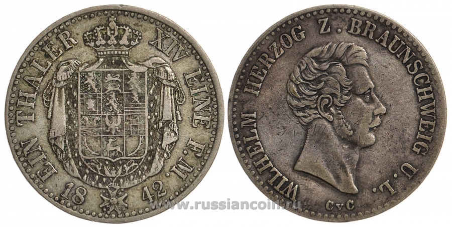 Брауншвейг-Вольфенбюттель 1 талер 1842 CvC Вильгельм KM 1131 серебро 00-000-00