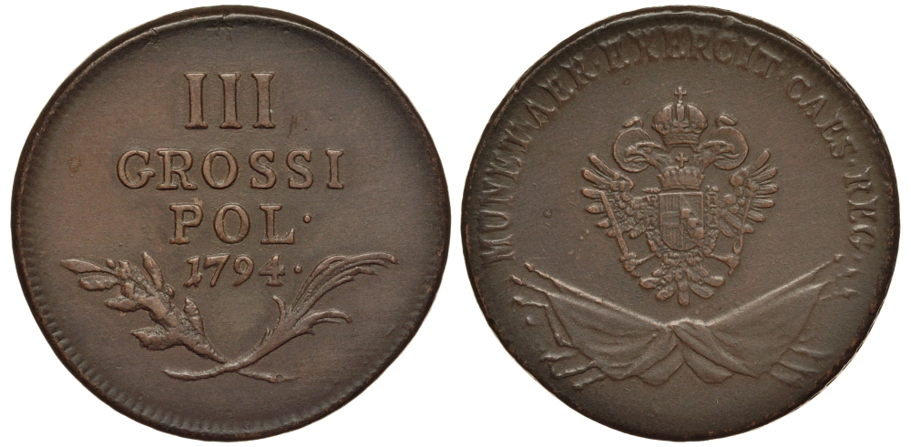 Австрия, Галиция и Лодомерия 3 гроша 1794 Станислав II Август Понятовский (1764-1795), вес 11,24 гр. KM 5, Gum. 2442, Jaeckel 149, Parch. 1155 медь 00-818-87