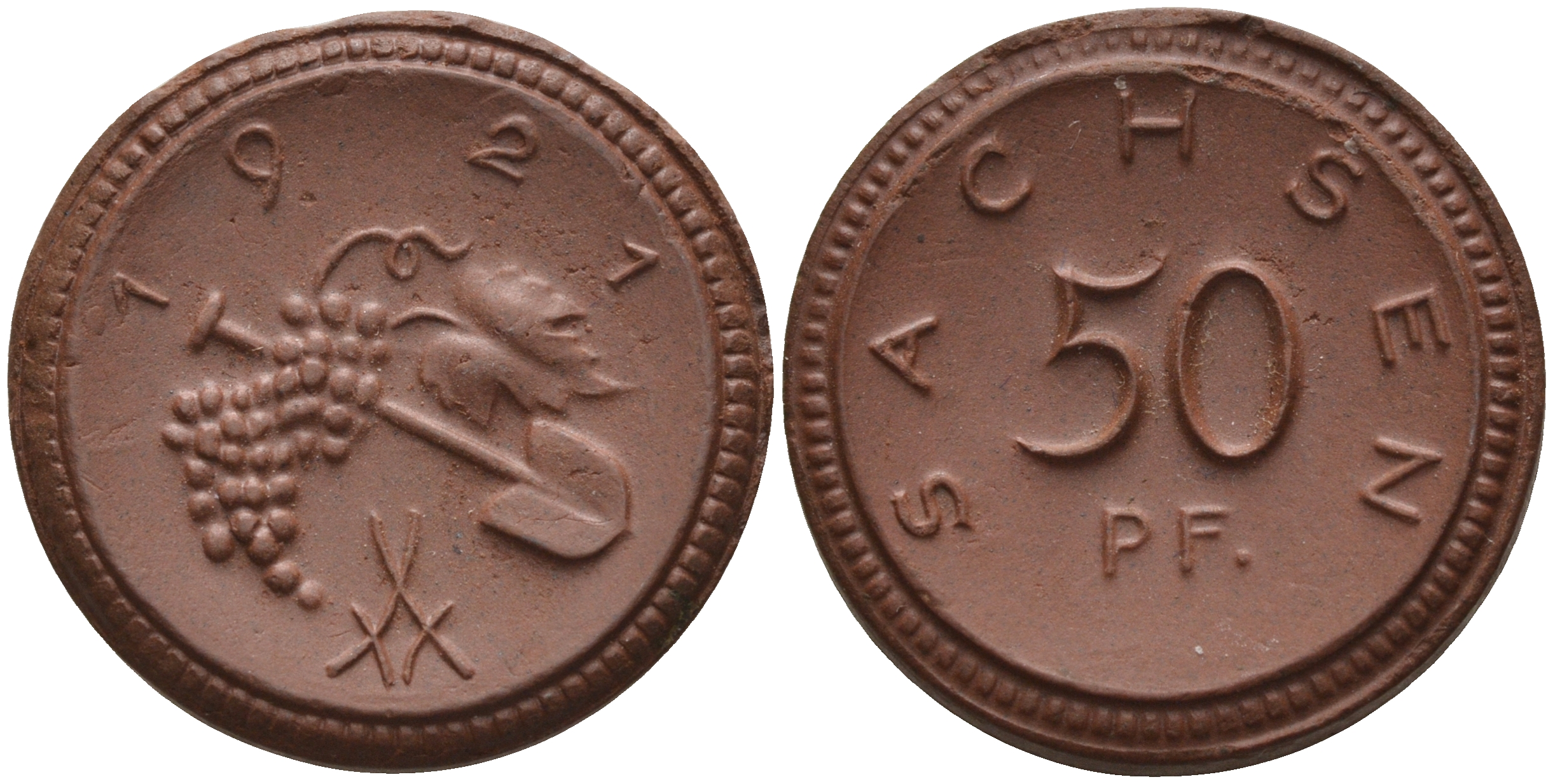 Саксония 50 пфеннигов 1921 виноград и лопата J. N 54 фарфор 1094-5-82