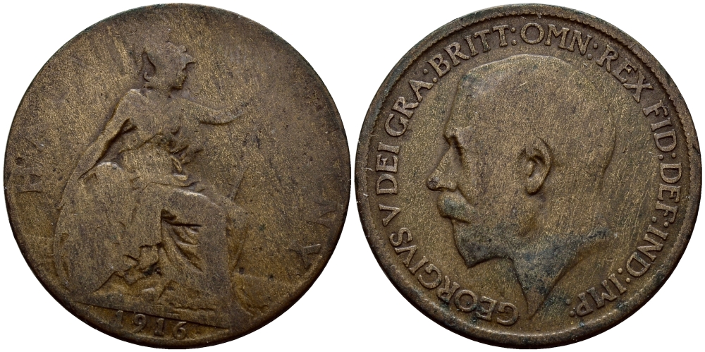 Великобритания 1/2 пенни 1916 Георг V (1910-1936) KM 809, Spink 4056 бронза 51-714