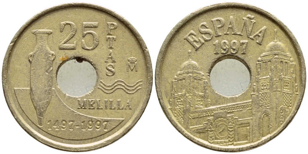 Испания 25 песет 1997 Мелилья (Melilla), Хуан Карлос I (1975-2014) KM 983 латунь 4397-613