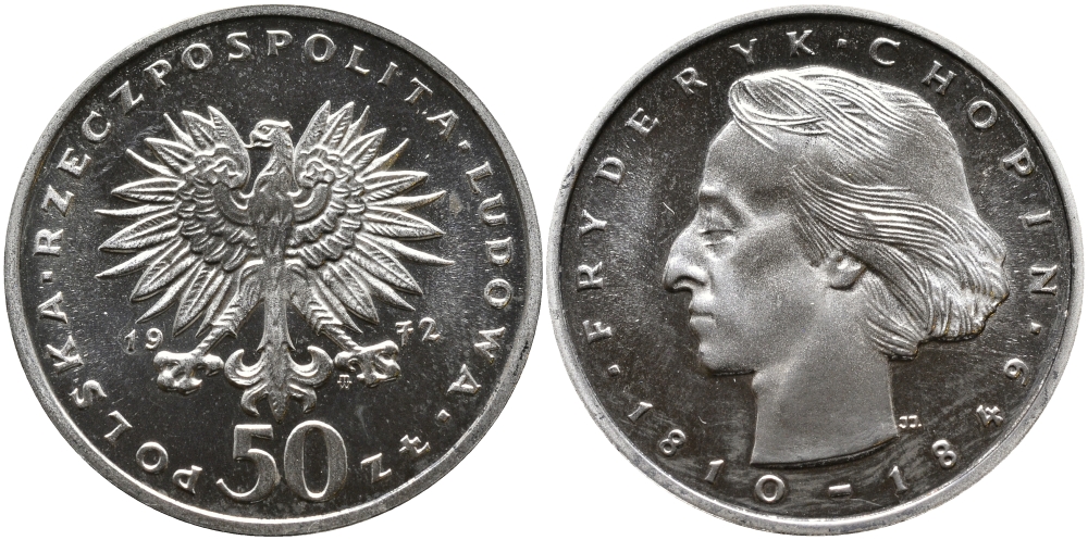 Польша 50 злотых 1972 MW, Фредерик Шопен (1810-1846) KM 66, Parchimowicz 256а серебро PROOF 441-935