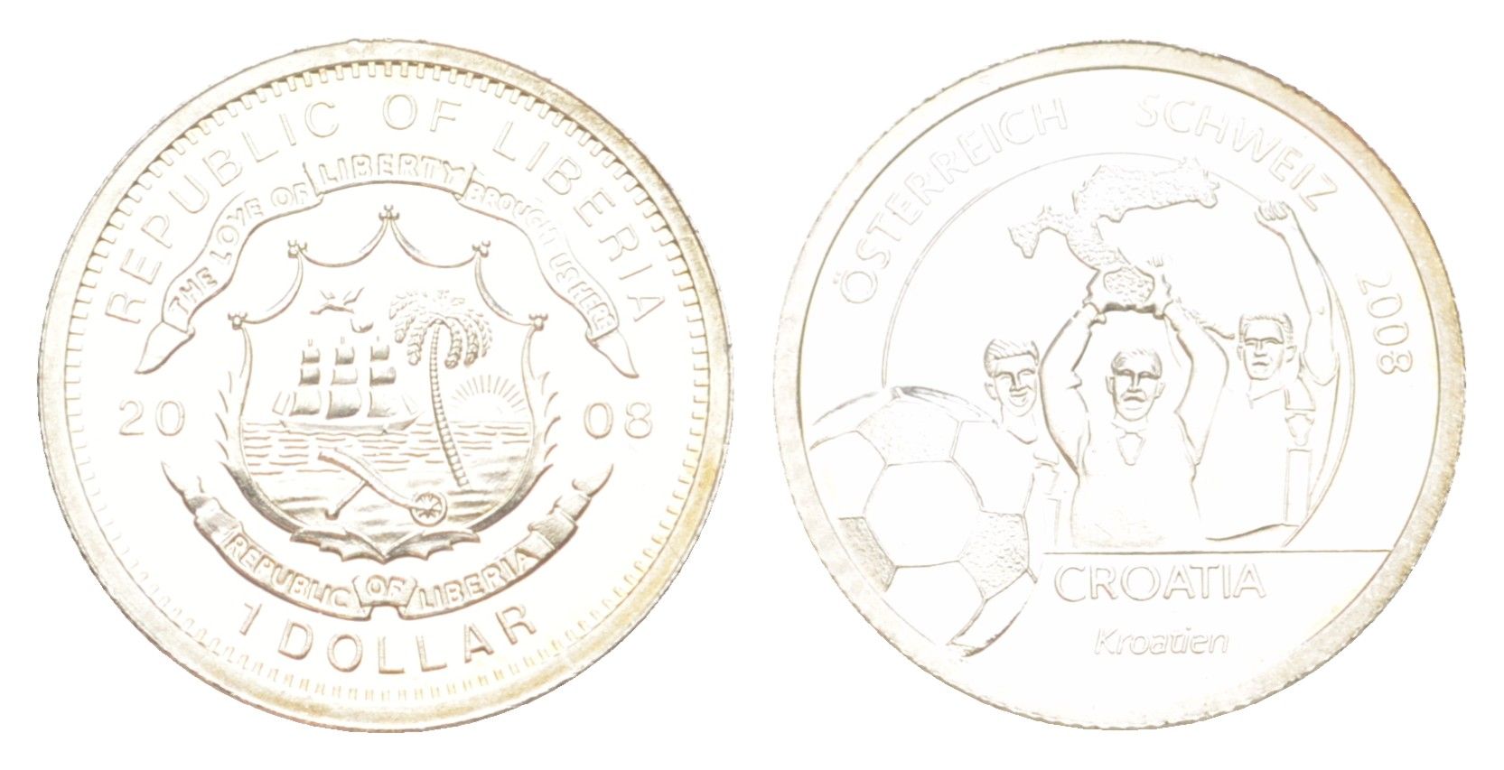 Либерия 1 доллар 2008 Чемпионат Европы по футболу 2008 года. Сборная Хорватии, тираж 1.000 экземпляров, вес 1,2 гр серебро PROOF 1521-432