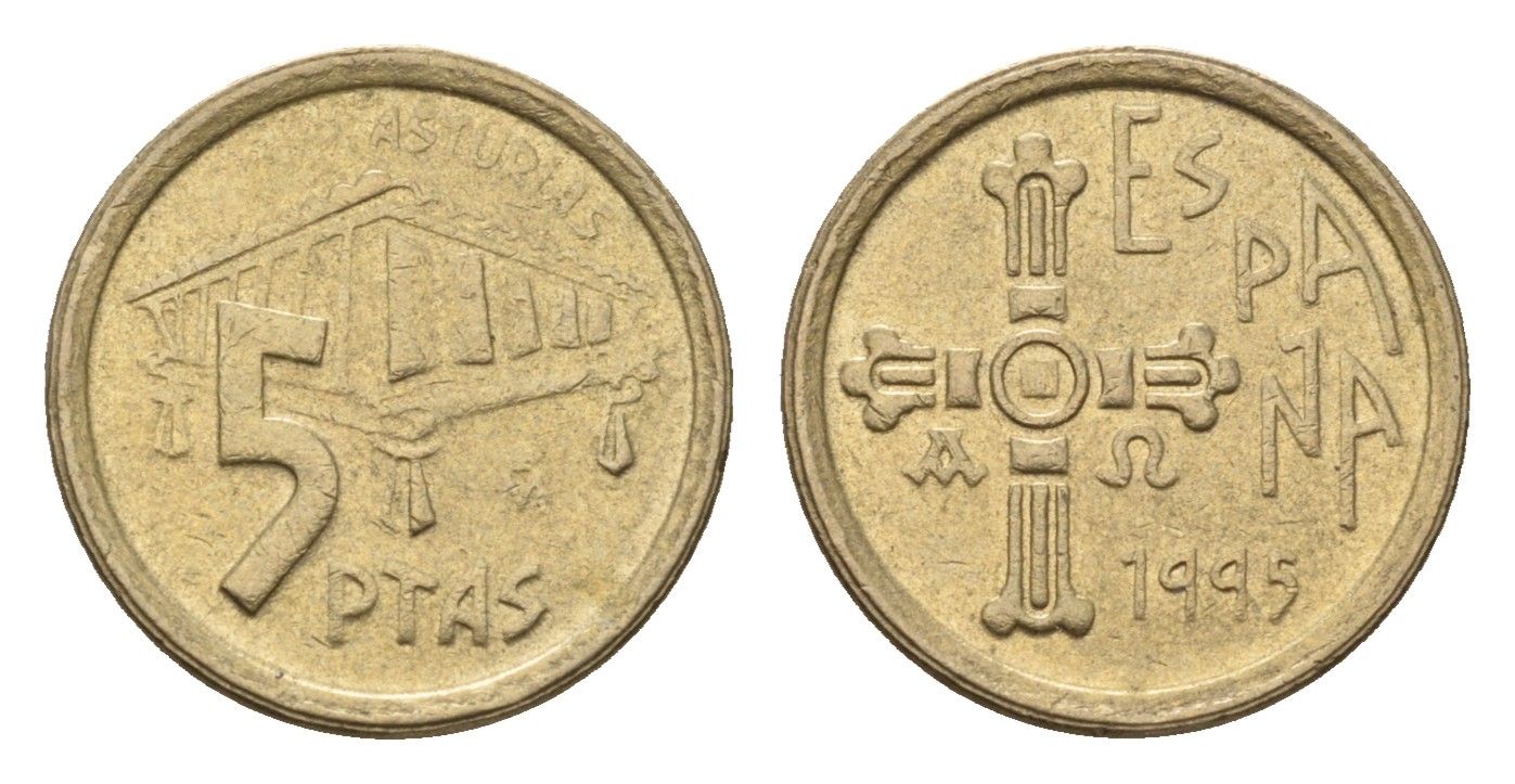 Испания 5 песет 1995 Хуан Карлос I (1975-2014), Астурия (ASTURIAS), крест KM 946 алюминиевая бронза 188-1137