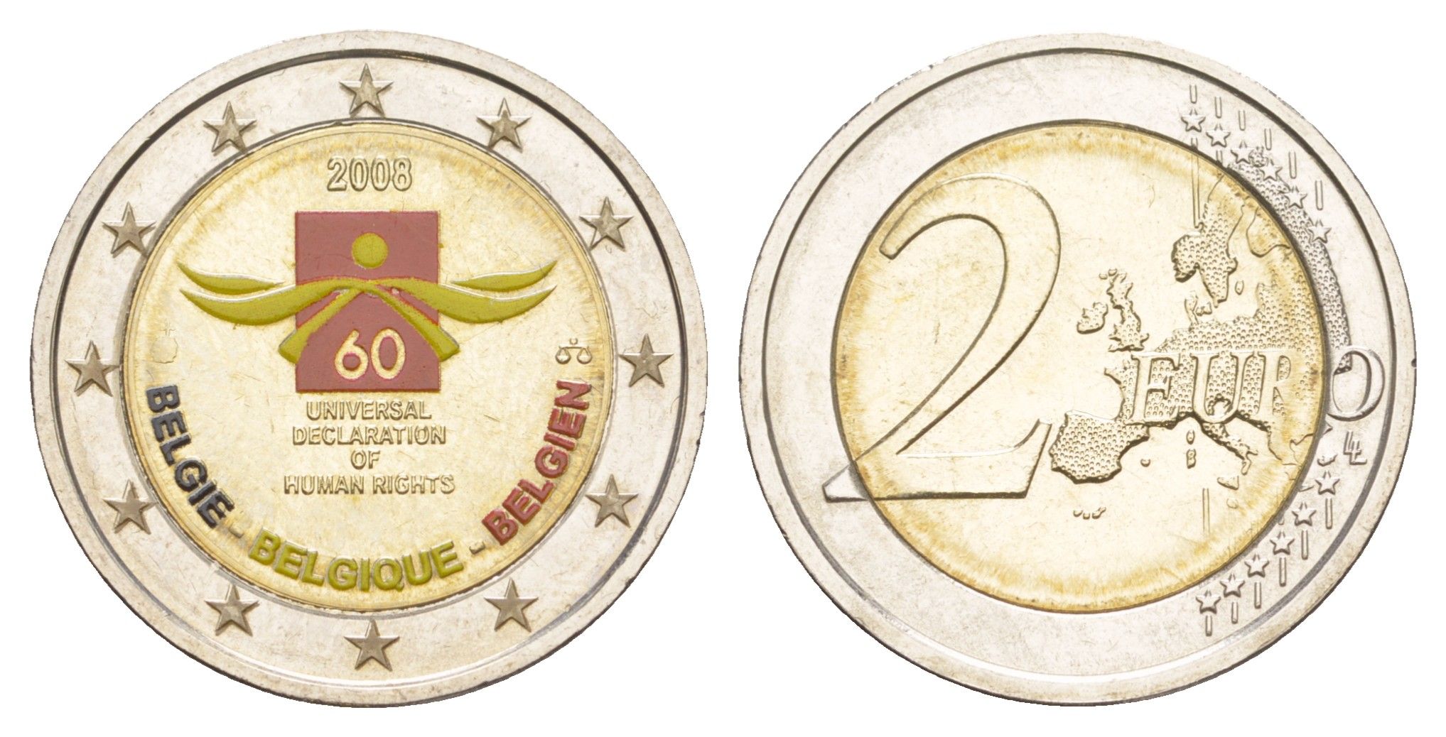 Бельгия 2 евро 2008 с наклейкой, 60 лет Всеобщей Декларации Прав Человека KM 248 биметалл 4178-411