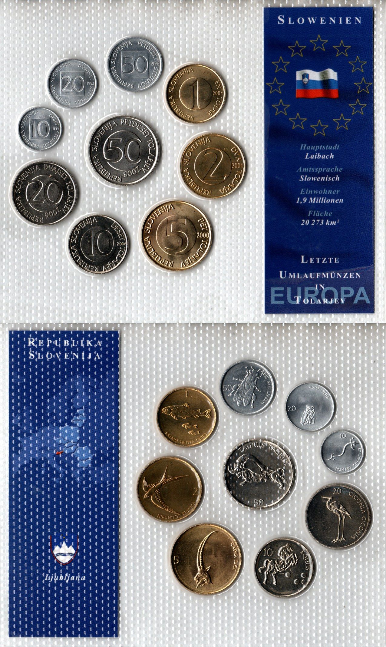 Словения набор из 9 монет (10, 20 и 50 стотинов; 1, 2 , 5, 10, 20 и 50 толаров) 1992, 1993, 1996, 2000, 2004, 2005 и 2006 в красочной упаковке с информацией о стране KM 3, 4, 5, 6, 7, 8, 41, 51 и 52 UNC 2-6-3-104