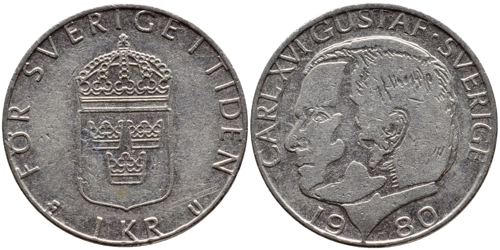 Швеция 1 крона 1980 Карл XVI Густав (1973- ) KM 852 медь плакированная медно-никелем 4397-936