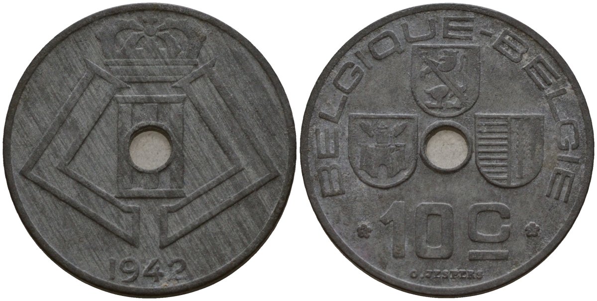 Бельгия 10 сантимов 1942 Belgique - Belgie, Леопольд III (1934-1947), германская оккупация, Вторая мировая война KM 125 цинк 4161-317