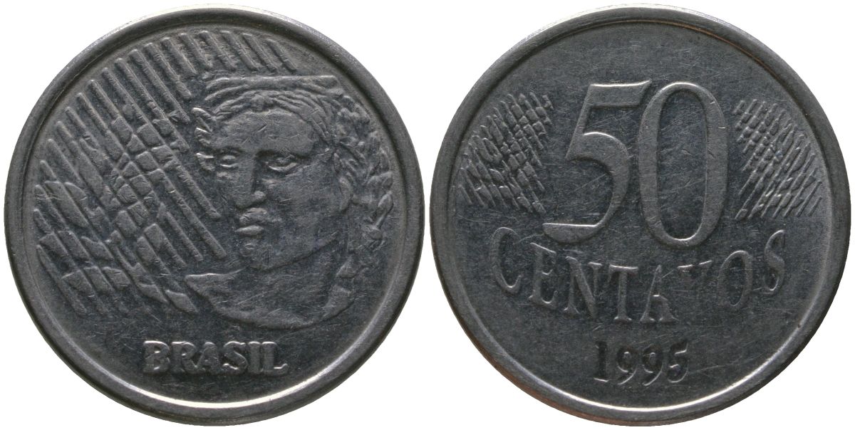 Бразилия 50 сентаво 1995 KM 635, Schon 144 нержавеющая сталь 4523-321