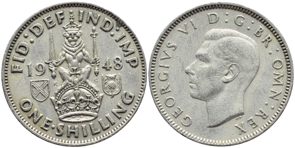 Великобритания 1 шиллинг 1948 Георг VI (1936-1952), Шотландский герб KM 864, Spink 4104 медно-никель 4395-1211