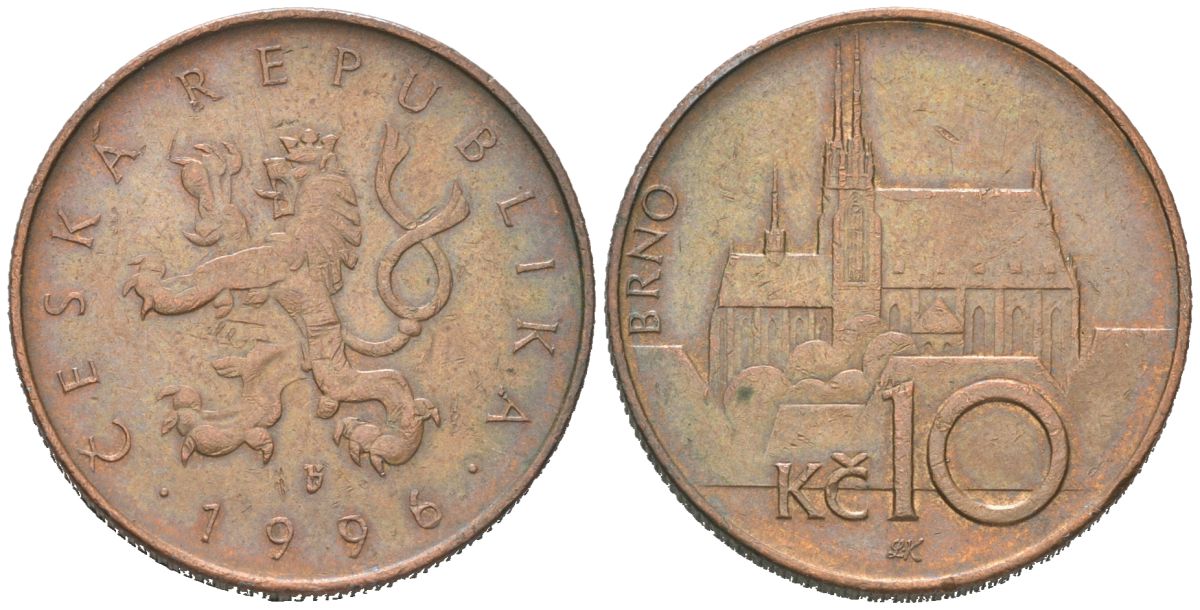 Чехия 10 крон 1996 чешский лев, кафедральный собор Брно KM 4 сталь плакированная медью 190-835