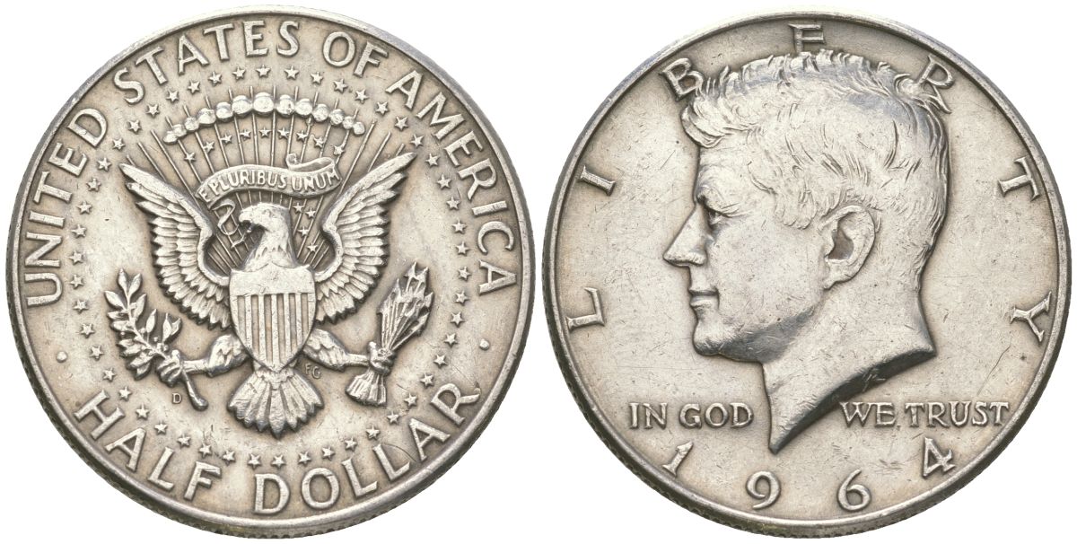 США 1/2 доллара (50 центов) 1964 D, Джон Кеннеди KM 202 серебро 221-1012