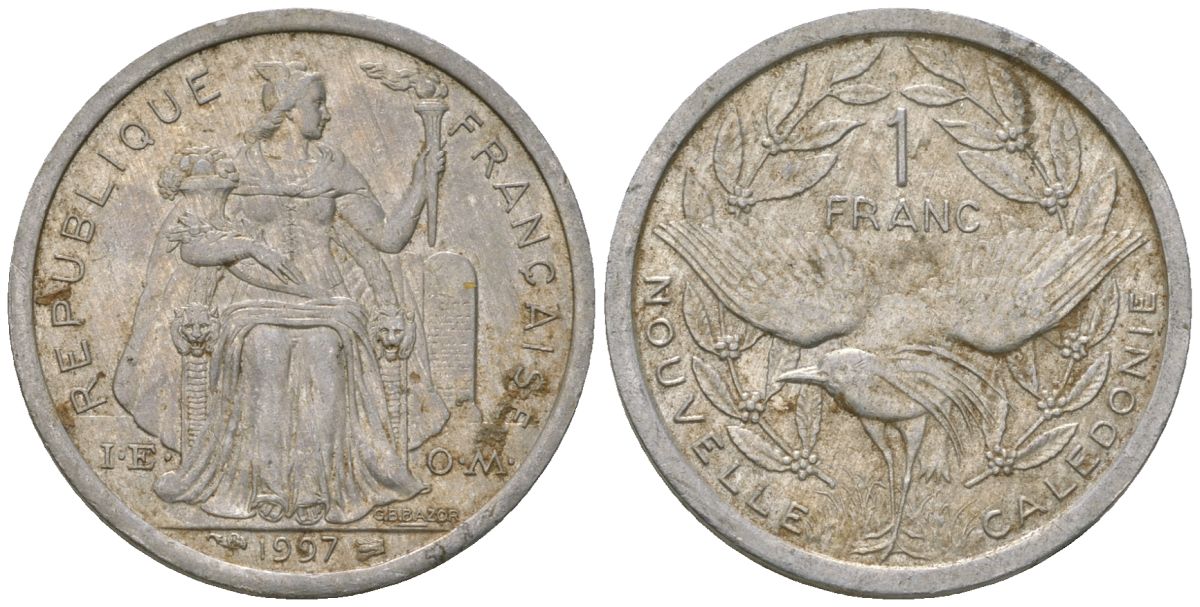Французская Новая Каледония 1 франк 1997 птица кагу, (IEOM) KM 10, Schoen 10, Lec 52b алюминий 41-722