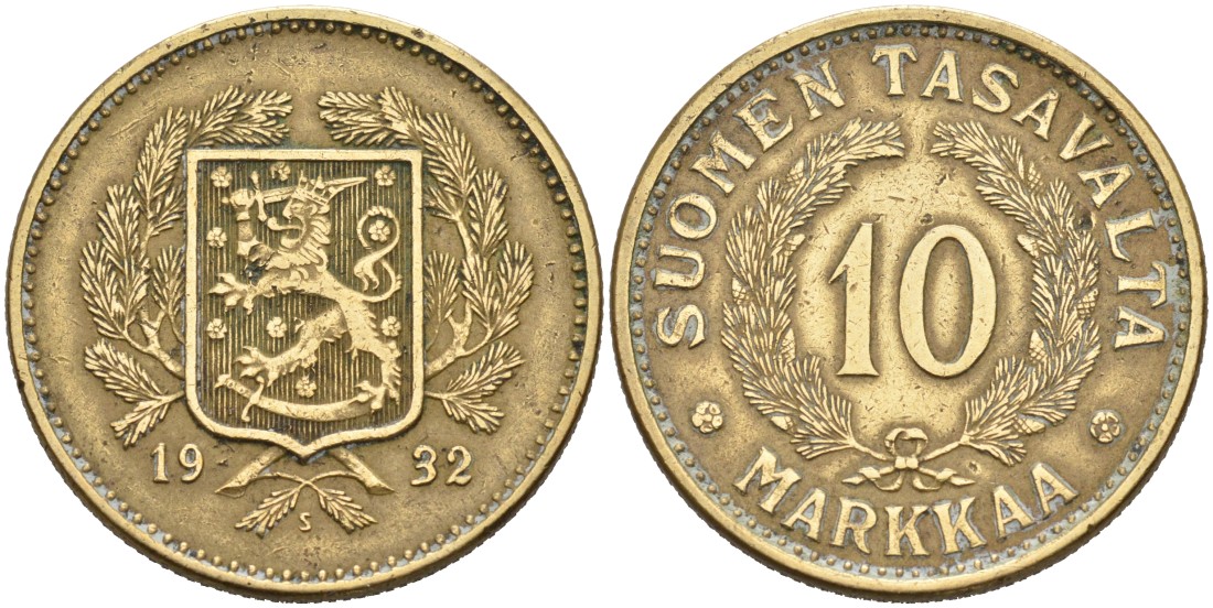 Финляндия 10 марок 1932 S KM 63 алюминиевая бронза 4111-521