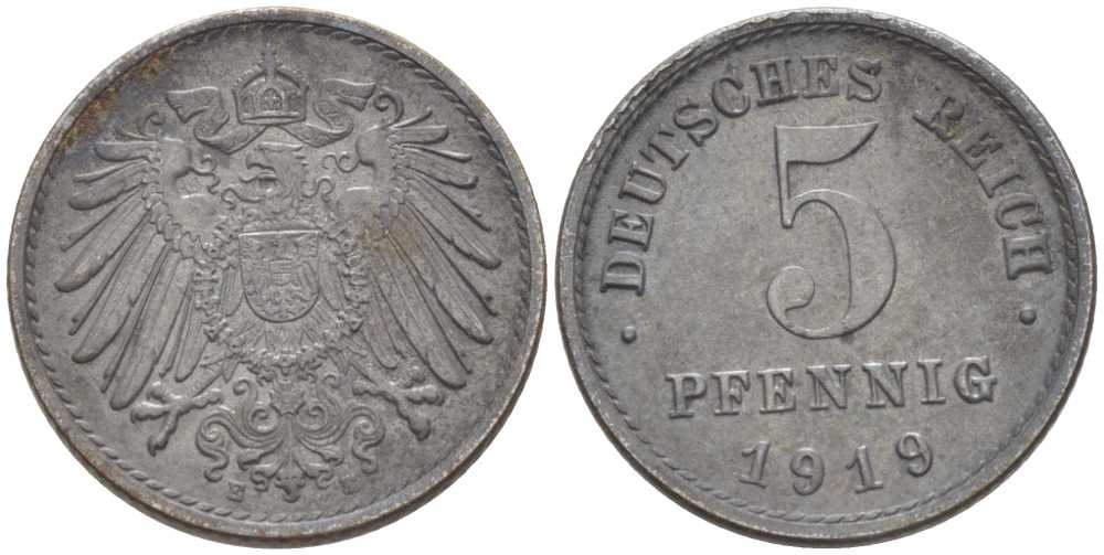 ГЕРМАНИЯ 5 ПФЕННИГОВ 1919 E KM 19, J. 297, Weege 5 железо 206-726