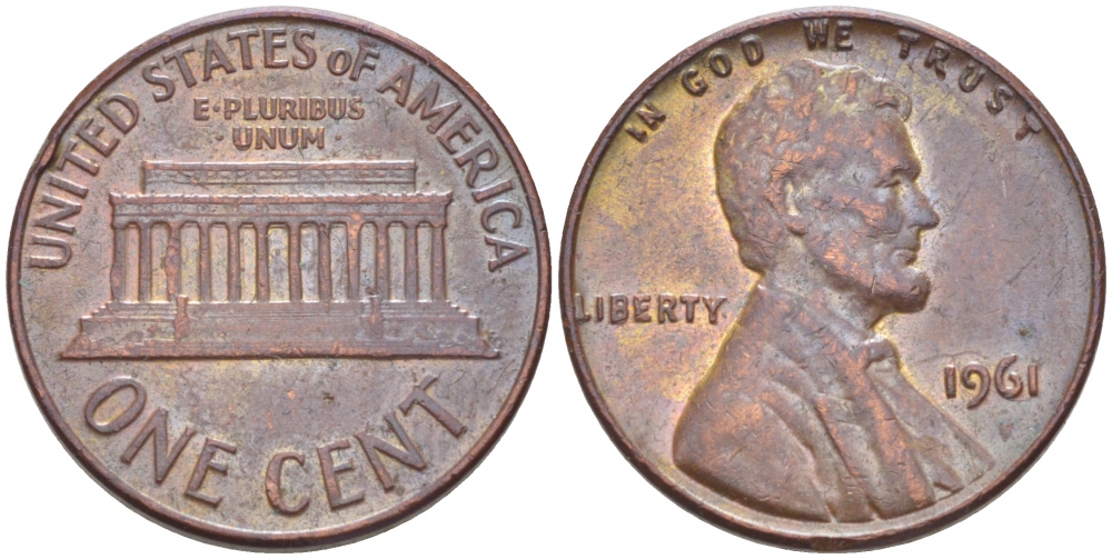 США 1 цент 1961 Авраам Линкольн KM 201 медь цинк 3309-223