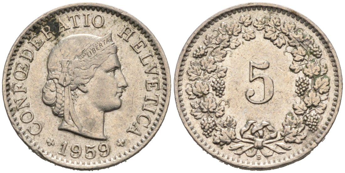 Швейцария 5 раппенов 1959 В КМ 26 медно-никель 4567-534