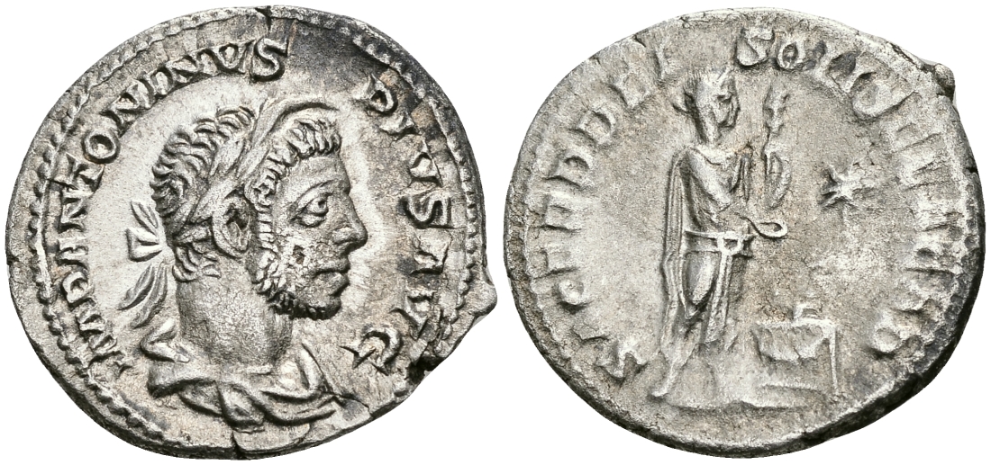 Римская Империя денарий 218 - 222 Элагабал SACERD DEI SOLIS ELAGAB император, совершающий жертвоприношение Рим Good Very fine RIC 131 серебро 1073-4-107