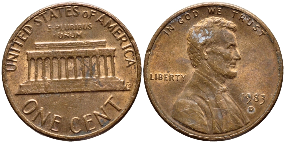 США 1 ЦЕНТ 1983 D, ЛИНКОЛЬН KM 201b цинк плакированный медью 4396-451