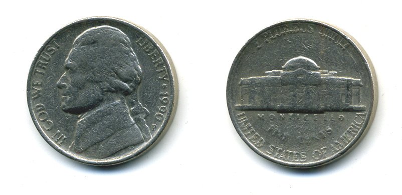 США 5 ЦЕНТОВ 1990 ДЖЕФФЕРСОН KM A192 медно-никель 4364-336